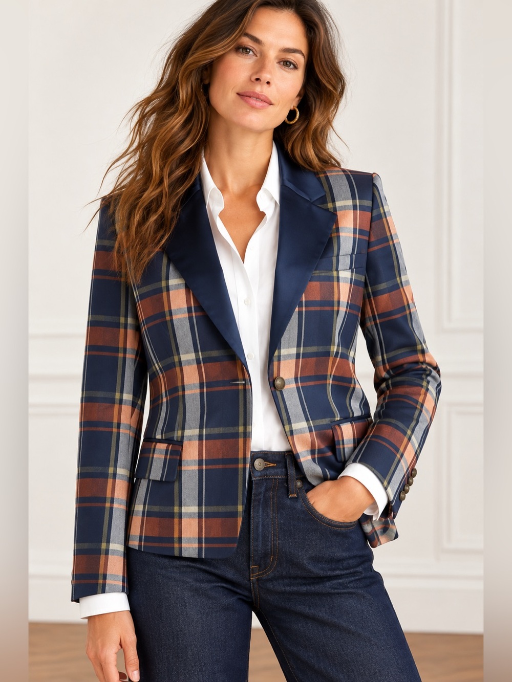 S’EDGE Wharton Plaid Satin Lapel Blazer Navy Size Large